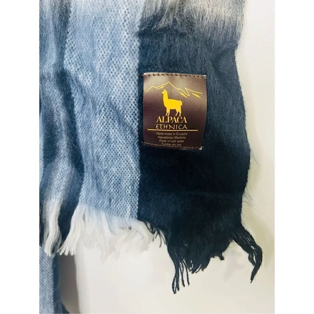 Alpaca Ethnica Blue Black White Plaid Scarf